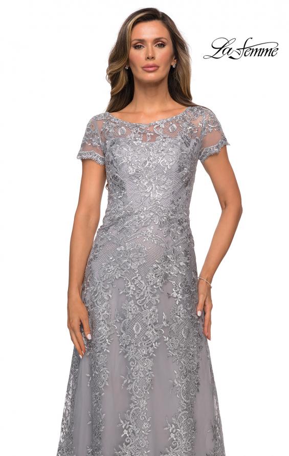 Picture of: Long Lace Dress with Sheer Neckline and Cap Sleeves in Silver, Style: 27935, Detail Picture 4