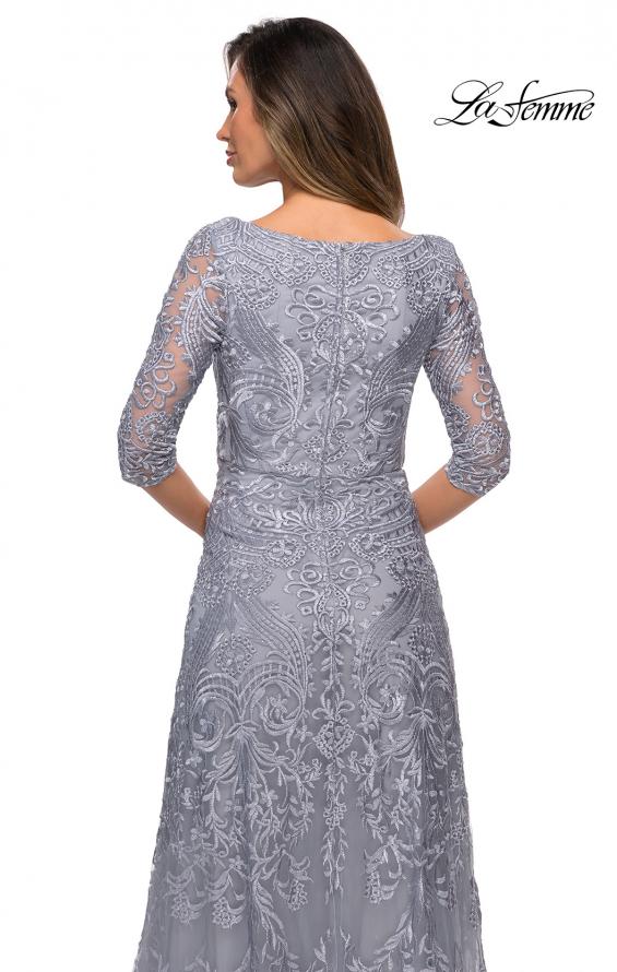 Picture of: Embroidered Lace Gown with V Neckline and Flare Skirt in Silver, Style: 27949, Detail Picture 4