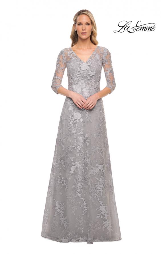 Picture of: Long Lace Evening Dress with V Neckline and Sleeves in Silver, Style: 29989, Detail Picture 4