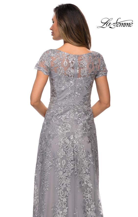 Picture of: Long Lace Dress with Sheer Neckline and Cap Sleeves in Silver, Style: 27935, Detail Picture 5
