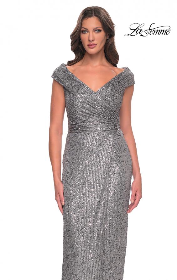 Picture of: Sequin Long Evening Dress with Ruching and V Neck in Silver, Style: 30326, Detail Picture 5