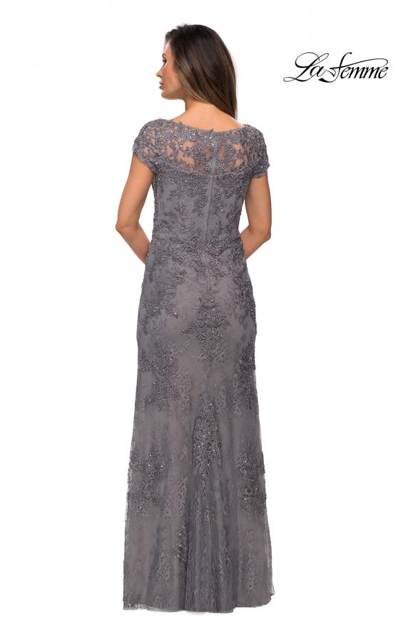 Picture of: Long Lace Evening Dress with Sheer Cap Sleeves in Silver, Style: 27856, Detail Picture 7
