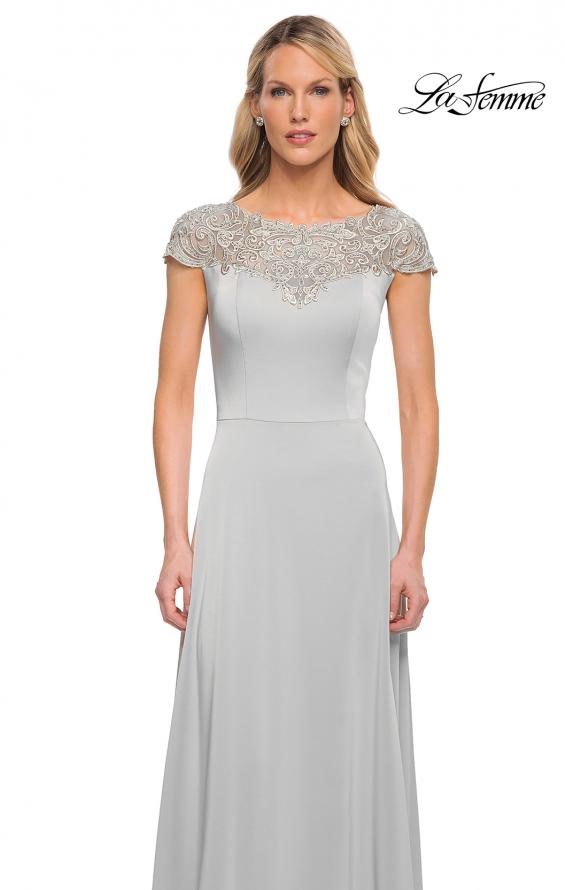 Picture of: Jersey Gown with Full Skirt and Lace Detail Top in Silver, Detail Picture 7