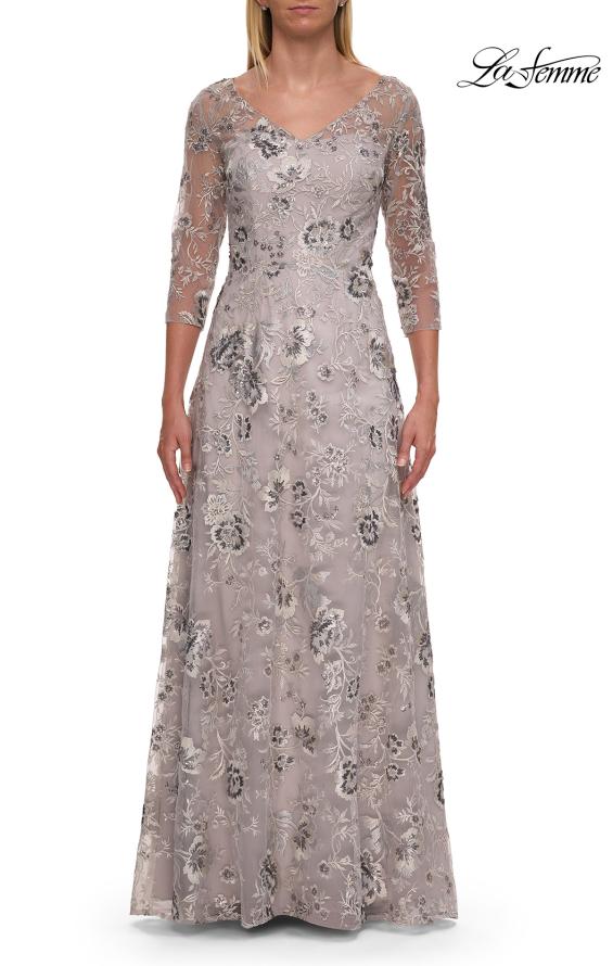 Picture of: Beautiful Lace Mother of the Bride Gown with V Neckline in Silver, Style: 30803, Detail Picture 7