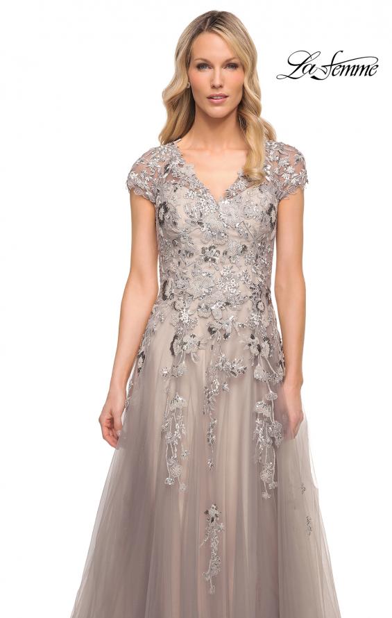 Picture of: Beaded Lace A-line Gown with Short Sleeves in Silver, Style: 30239, Detail Picture 1