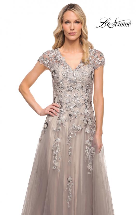 Picture of: Beaded Lace A-line Gown with Short Sleeves in Silver, Style: 30239, Detail Picture 3