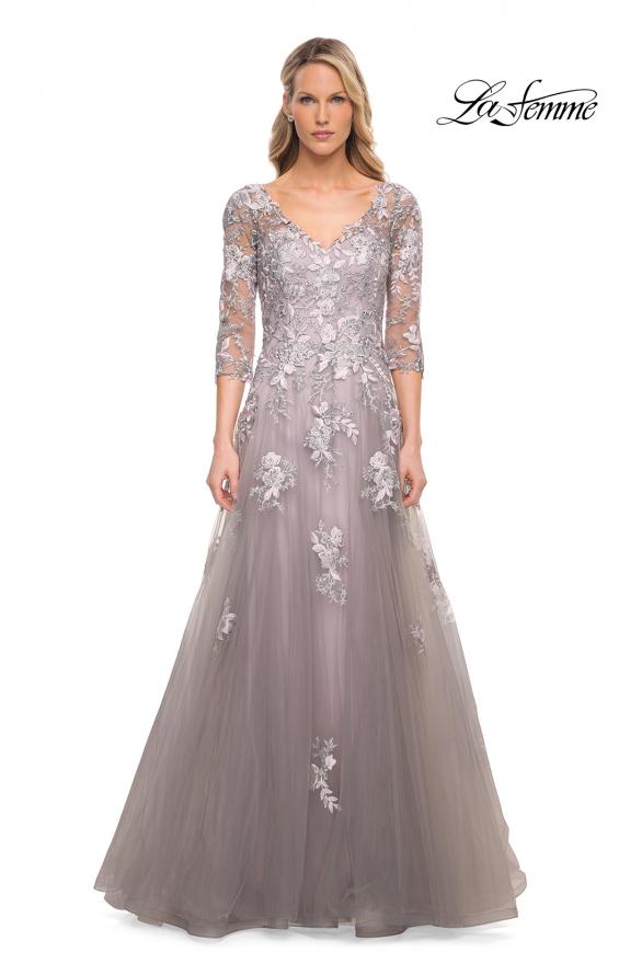 Picture of: Elegant A-Line Gown with Lace Applique and V Neck in Silver, Style: 30229, Detail Picture 4