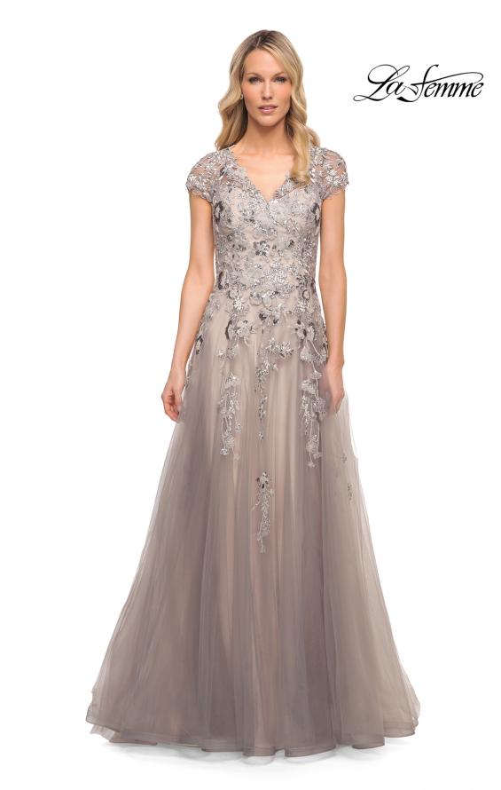 Picture of: Beaded Lace A-line Gown with Short Sleeves in Silver, Style: 30239, Detail Picture 4