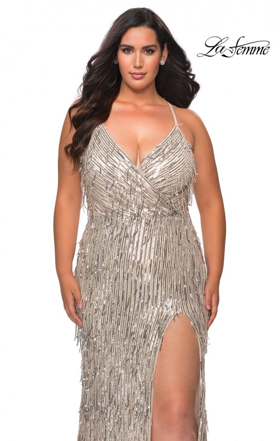 Picture of: Fringe Sequin Plus Size Prom Gown with Criss Cross Back in Silver, Style: 29013, Main Picture