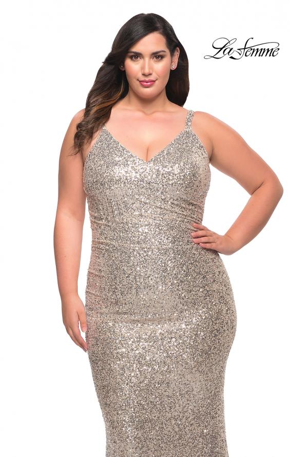 Picture of: V Neck Sequin Plus Size Long Gown in Silver, Style: 29546, Detail Picture 9