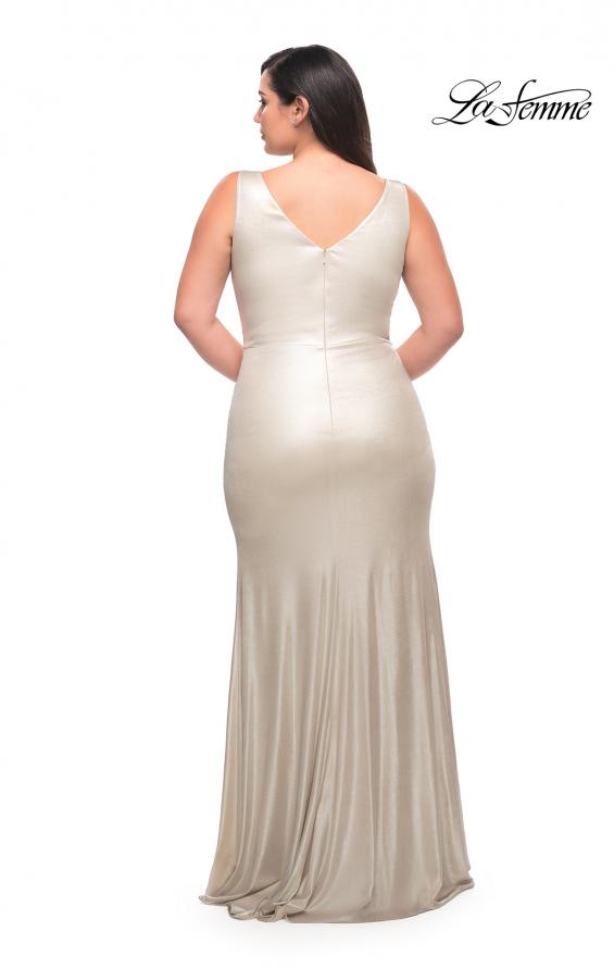 Picture of: Metallic Jersey Plus Gown with Slit and V Neckline in Silver, Style: 30267, Back Picture