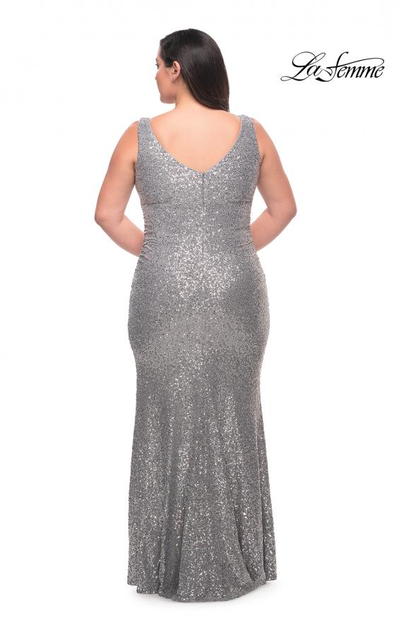 Picture of: Stretch Sequin Plus Size Gown with Slit and V Neck in Silver, Style: 30307, Back Picture