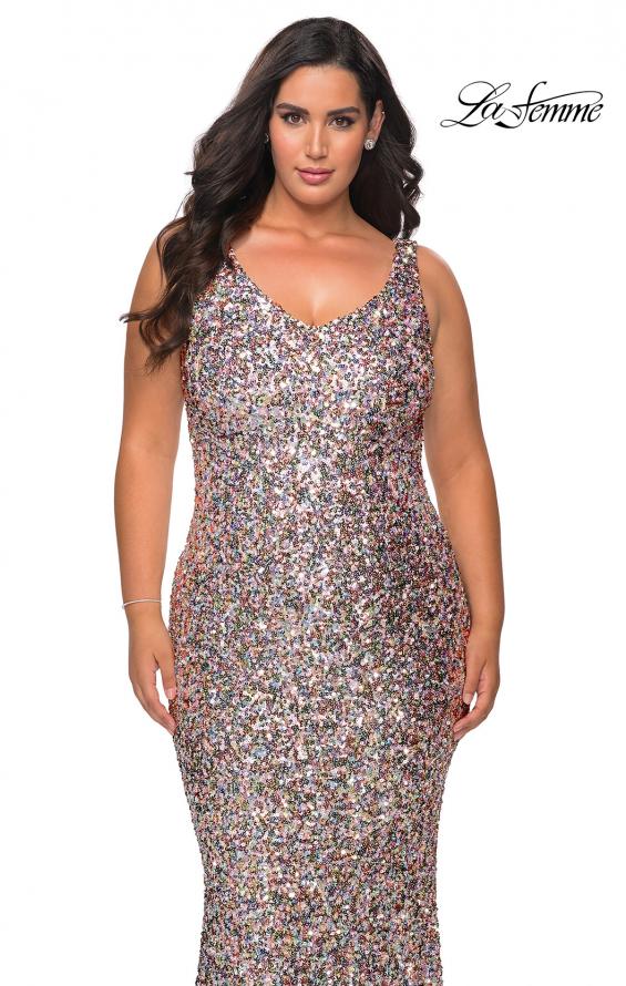 Picture of: Floor Length Multi Colored Sequin Plus Size Prom Dress in Silver, Style: 28863, Detail Picture 1