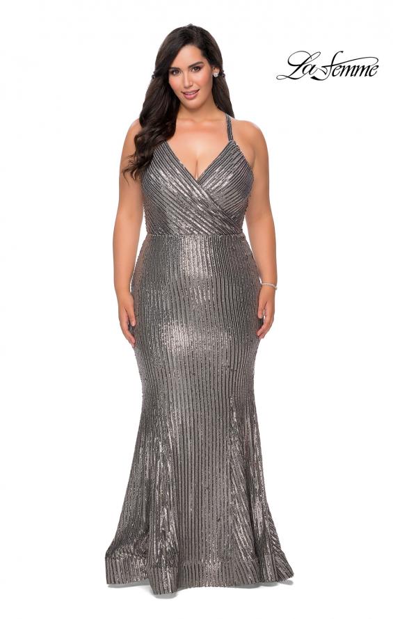Picture of: Sequin Plus Size Prom Dress with Criss Cross Back in Silver, Style: 29051, Detail Picture 1