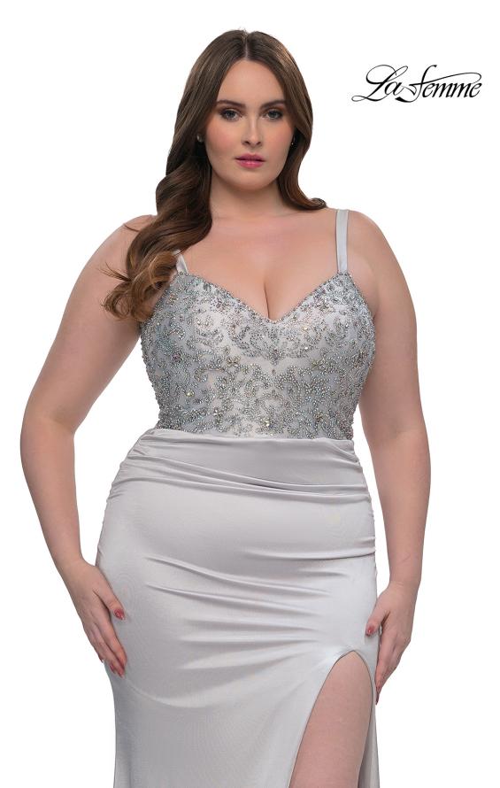 Picture of: Stretch Satin Plus Dress with Beautiful Rhinestone Designed Bodice in Silver , Style: 32430, Detail Picture 1