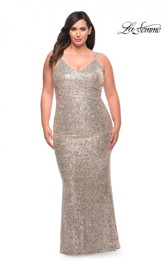 Picture of: V Neck Sequin Plus Size Long Gown in Silver, Style: 29546, Detail Picture 2