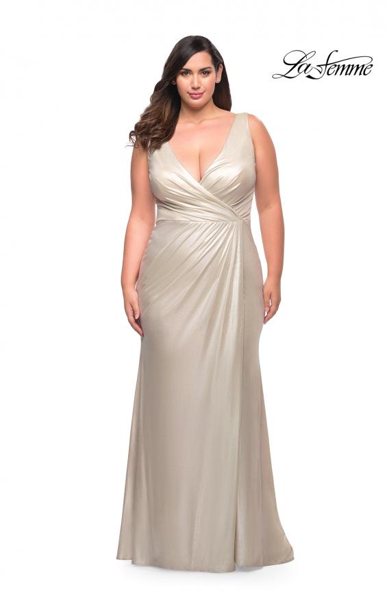 Picture of: Metallic Jersey Plus Gown with Slit and V Neckline in Silver, Style: 30267, Detail Picture 3