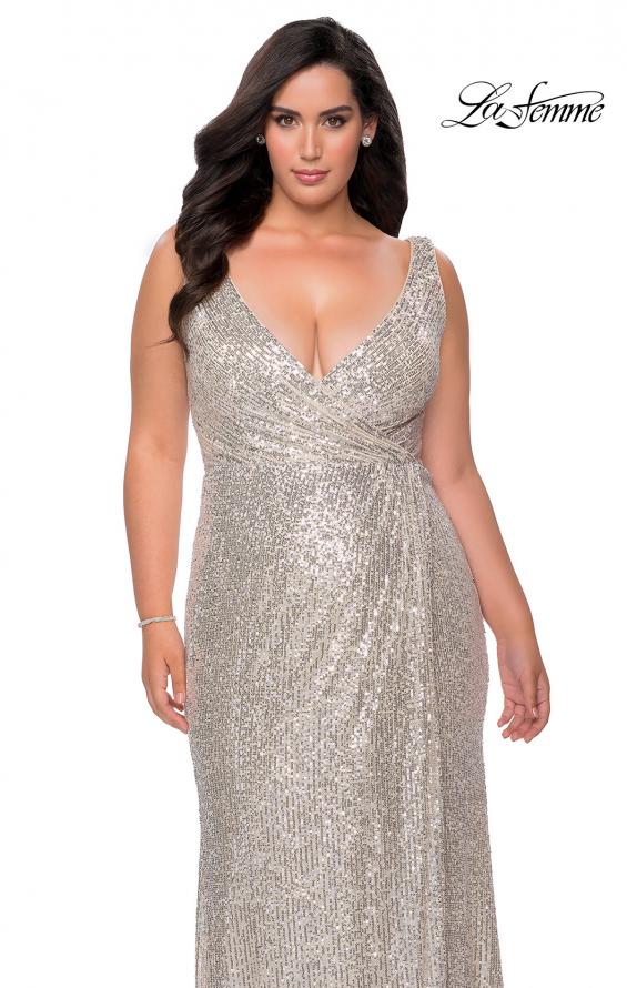 Picture of: Sequin Plus Size Prom Gown with Ruching and V-neck in Silver, Style: 29046, Detail Picture 6