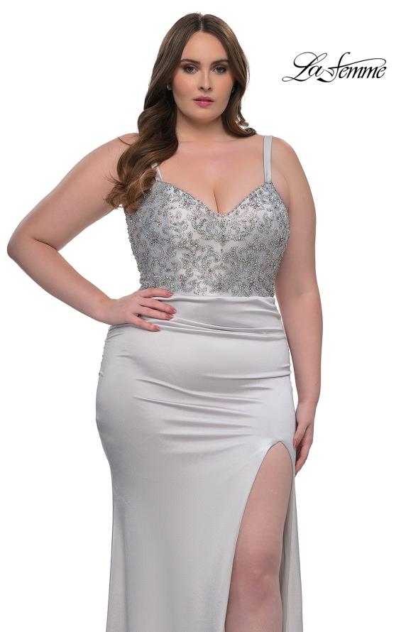 Picture of: Stretch Satin Plus Dress with Beautiful Rhinestone Designed Bodice in Silver , Style: 32430, Detail Picture 7