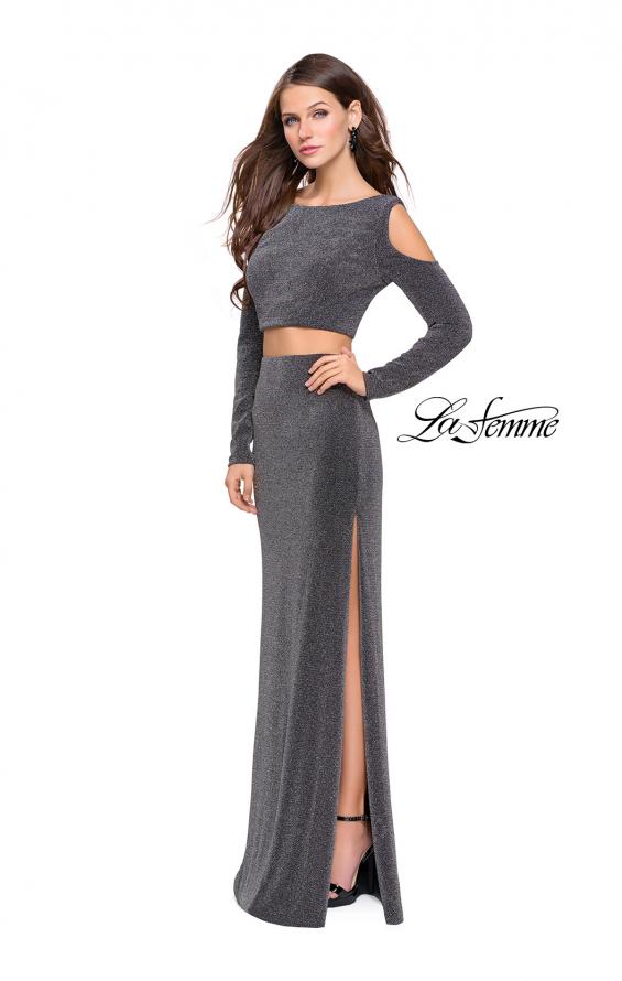 Picture of: Two Piece Cold Shoulder Prom Dress with Side Skirt Slit in Silver, Style: 25256, Main Picture