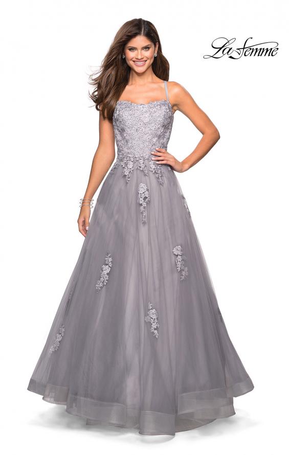 Picture of: Floor Length Tulle Ball Gown with Lace Accents in SIlver, Style: 27441, Main Picture