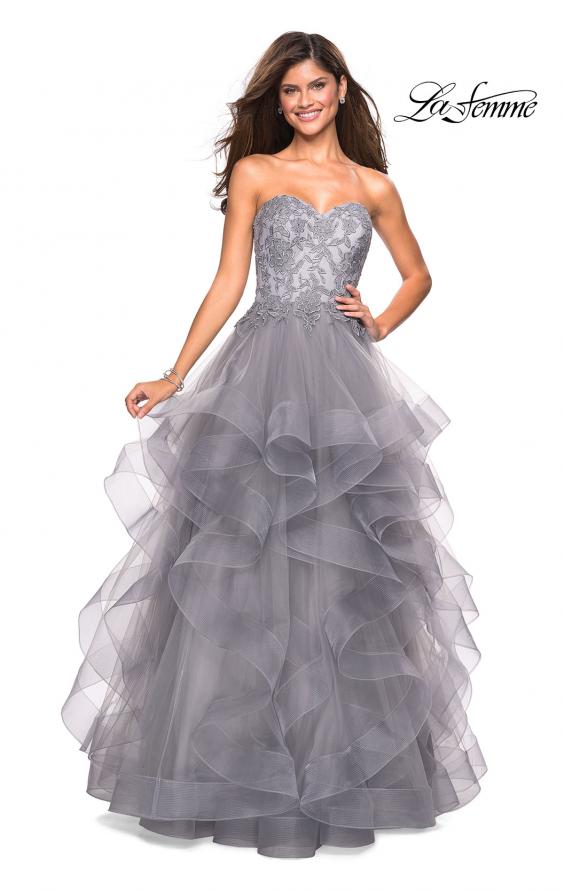 Picture of: Strapless Tulle Prom Gown with Lace Embellishments in Silver, Style: 27620, Main Picture