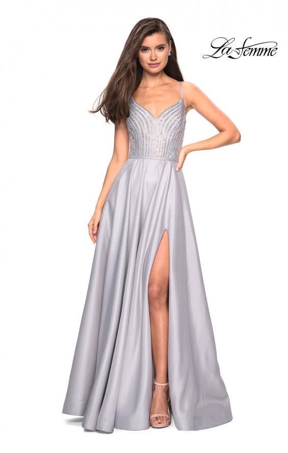 Picture of: Long Mikado Gown with Rhinestone Bodice and Slit in Silver, Style: 27634, Main Picture