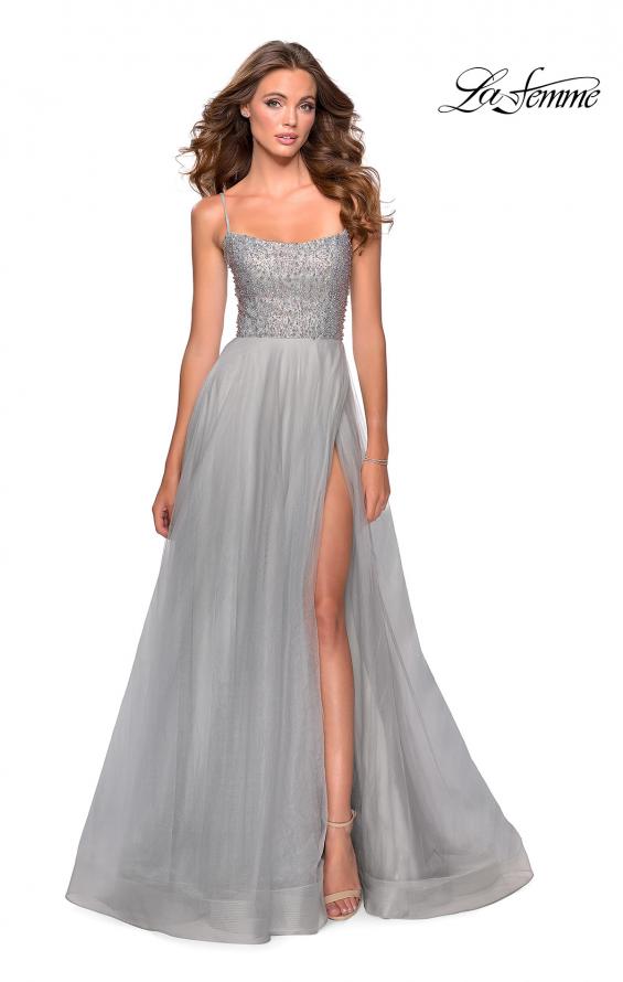 Picture of: Long Tulle Ball Gown with Beaded Bodice and Slit in Silver, Style: 28530, Main Picture