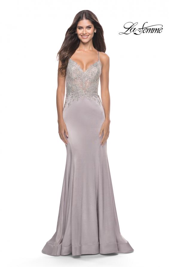 Picture of: Chic Liquid Jersey Dress with Sheer Lace Bodice in Silver, Style: 31555, Main Picture