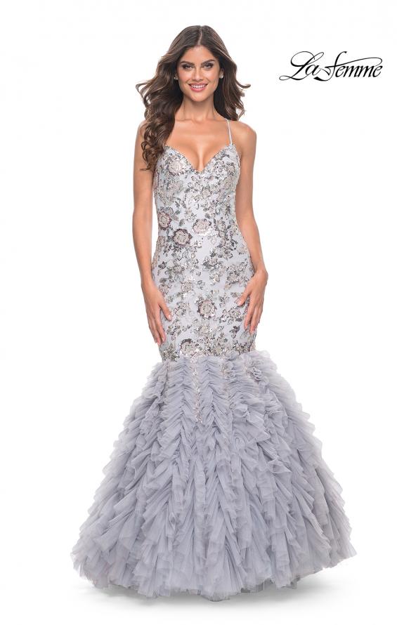 Picture of: Mermaid Beaded Floral Gown with Ruffle Detailed Skirt in Silver, Style: 32105, Main Picture