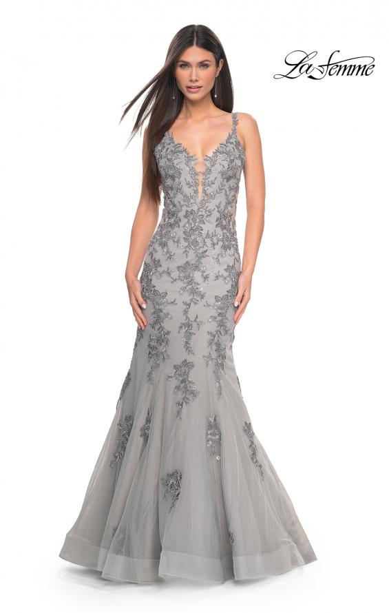 Picture of: Mermaid Prom Gown with Illusion Sides and Lace Applique in Silver, Style: 32295, Main Picture