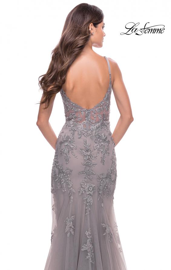 Picture of: Lace Long Dress with High Side Slit and V Neckline in Silver, Style: 31126, Detail Picture 8