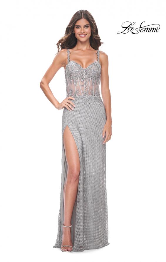 Picture of: Rhinestone Fishnet Dress with Lace Detail on Sheer Bodice in Silver, Style: 32232, Detail Picture 9