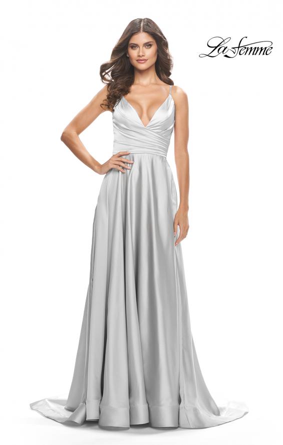 Picture of: A-Line Satin Gown with Ruched Bodice and V Neck in Silver, Style: 31505, Detail Picture 11