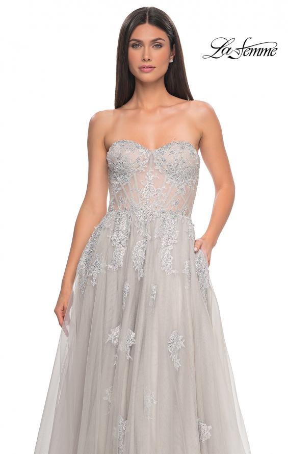 Picture of: Gorgeous Lace A-Line Dress with Rhinestone Lace Details in Silver, Style: 32111, Detail Picture 14