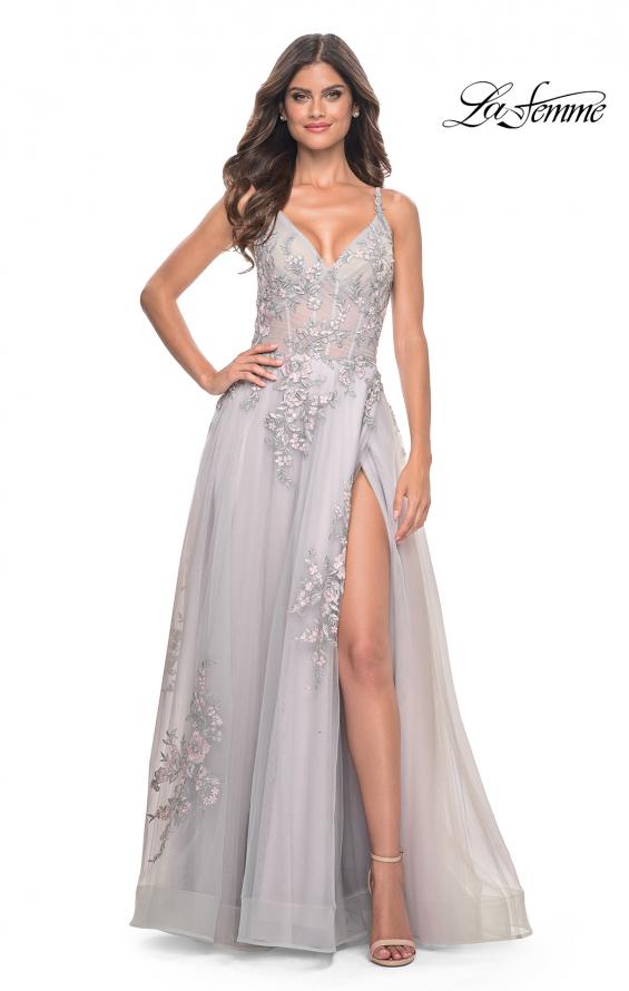 Picture of: A-Line Tulle Prom Dress with Scattered Lace Applique in Silver, Style: 31939, Detail Picture 16