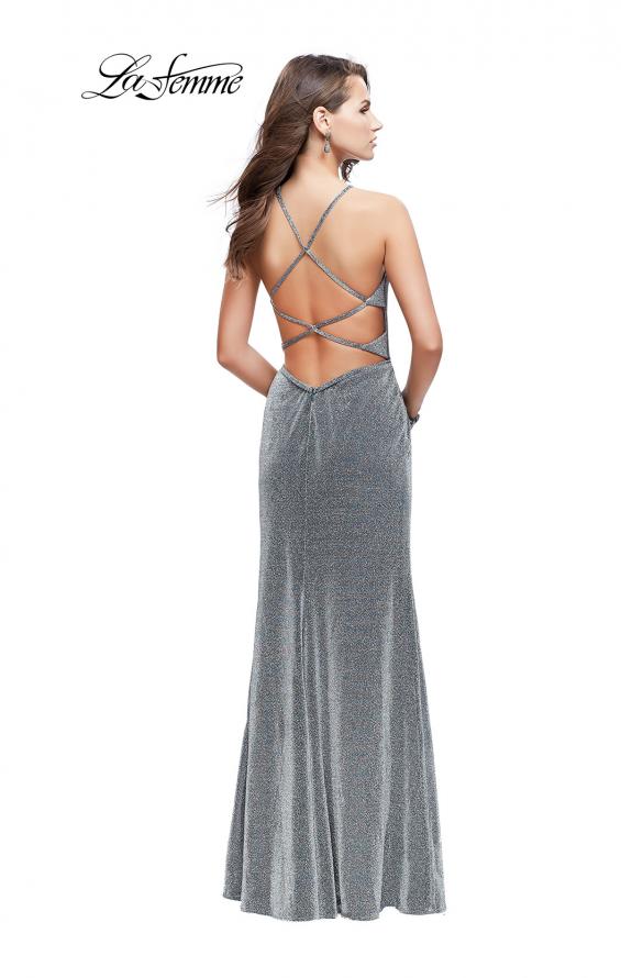 Picture of: Sparkling Jersey Prom Dress with High Neck and Slit in Silver, Style: 25769, Back Picture