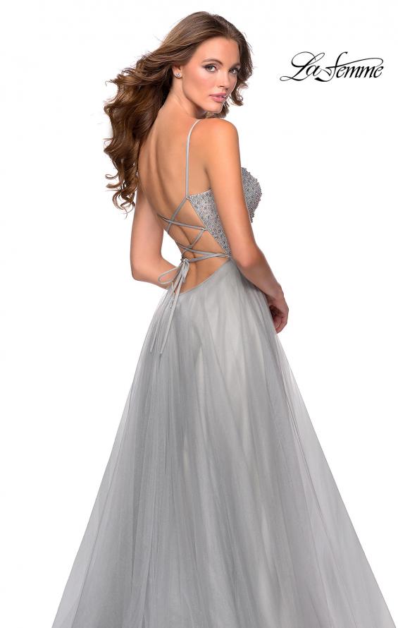 Picture of: Long Tulle Ball Gown with Beaded Bodice and Slit in Silver, Style: 28530, Back Picture