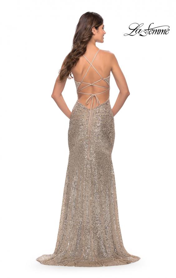 Picture of: Long Sequin Gown with Dramatic Flare Skirt and Slit in Silver, Style: 31140, Back Picture