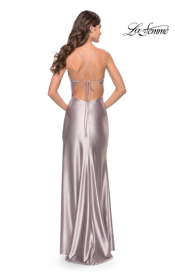 Picture of: Fitted Liquid Jersey Dress with High Slit and Open Back in Silver, Style: 31208, Back Picture