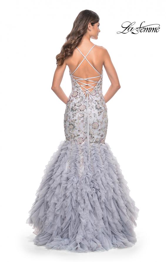 Picture of: Mermaid Beaded Floral Gown with Ruffle Detailed Skirt in Silver, Style: 32105, Back Picture