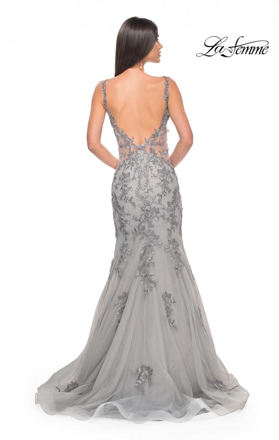 Picture of: Mermaid Prom Gown with Illusion Sides and Lace Applique in Silver, Style: 32295, Back Picture