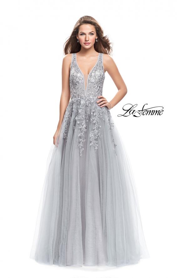 Picture of: A-line Tulle Prom Dress with Floral Lace Applique in Silver, Style: 26353, Detail Picture 1