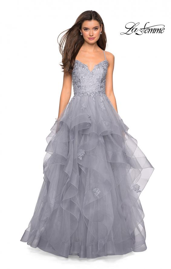Picture of: Floor Length Tulle Dress with Floral Embellishments in Silver, Style: 27579, Detail Picture 1