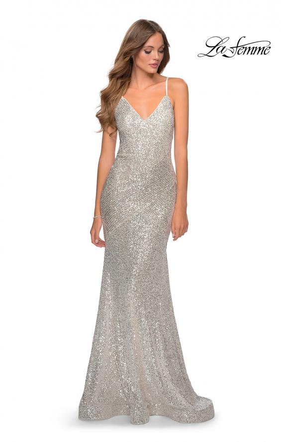 Picture of: Sequin Prom Gown With Drop Waist and V-Neckline in Silver, Style: 28713, Detail Picture 1