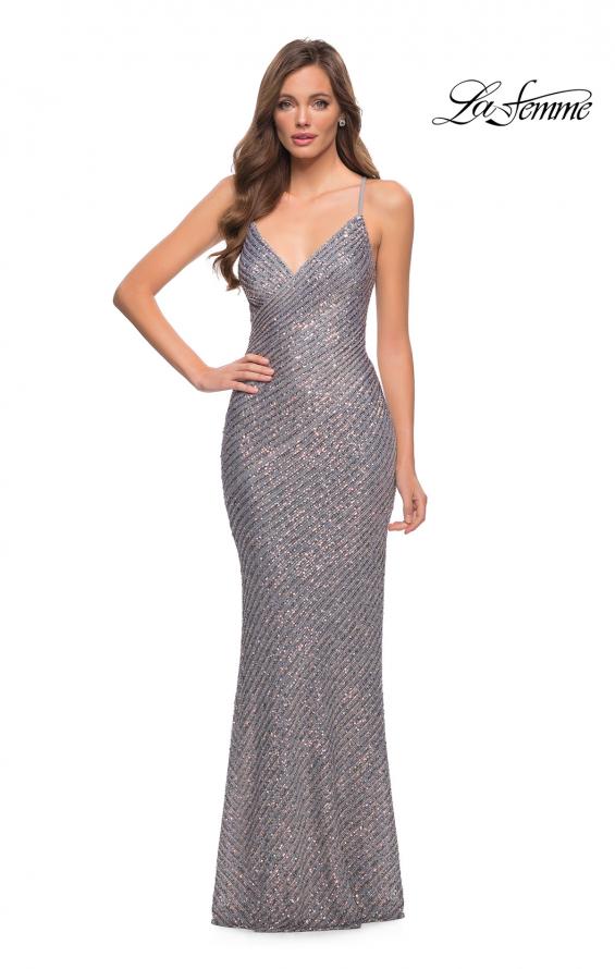 Picture of: Lace Up Back Sequin Dress with V Neckline in Silver, Style 29895, Detail Picture 1
