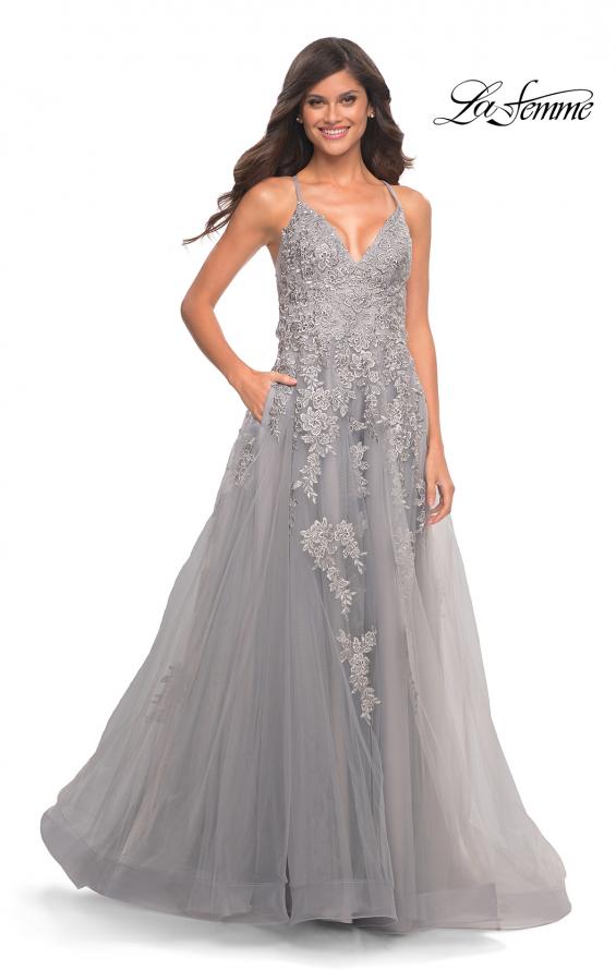 Picture of: Tulle Prom Dress with Lace Detail in Silver in Silver, Style: 30810, Detail Picture 1