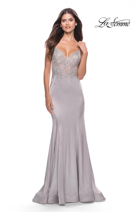 Picture of: Chic Liquid Jersey Dress with Sheer Lace Bodice in Silver, Style: 31555, Detail Picture 1
