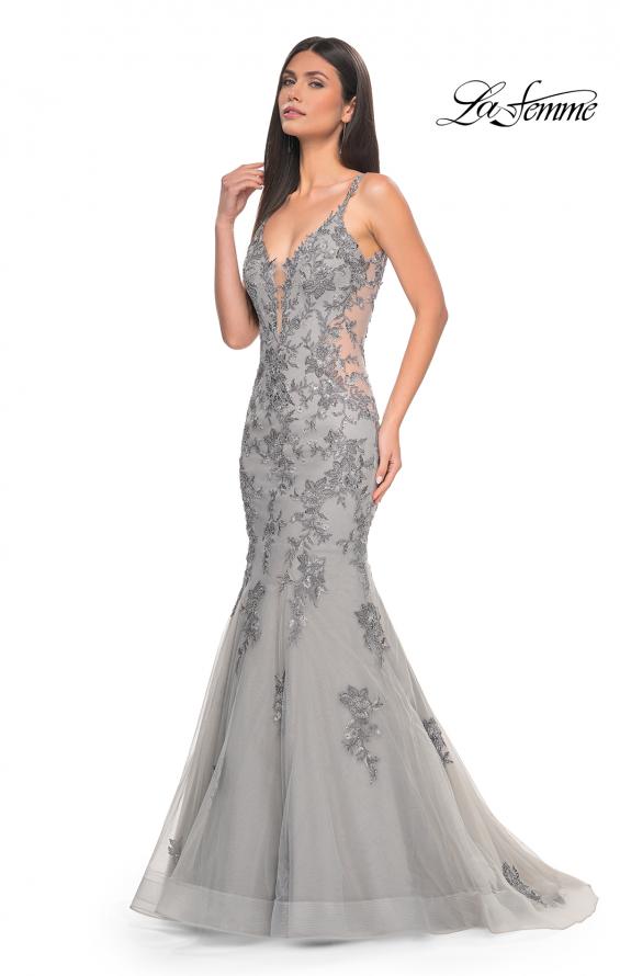 Picture of: Mermaid Prom Gown with Illusion Sides and Lace Applique in Silver, Style: 32295, Detail Picture 1