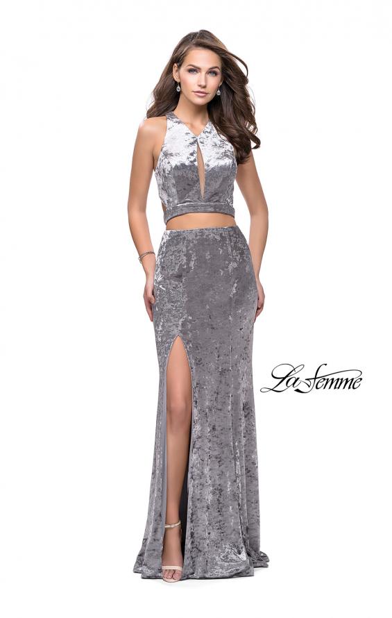 Picture of: Long Velvet Prom Dress with Crop Top and Leg Slit in Silver, Style: 25500, Detail Picture 2